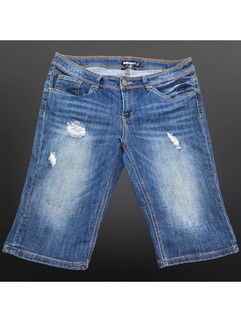 Y2K Dollhouse Capri Jeans Jorts Size 13 Distressed Medium Wash Stretch 2000s